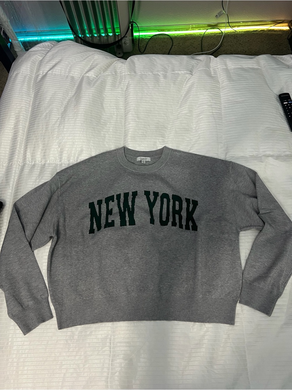 Women's Gray Crewneck Sweater with Dark Green NEW YORK Applique